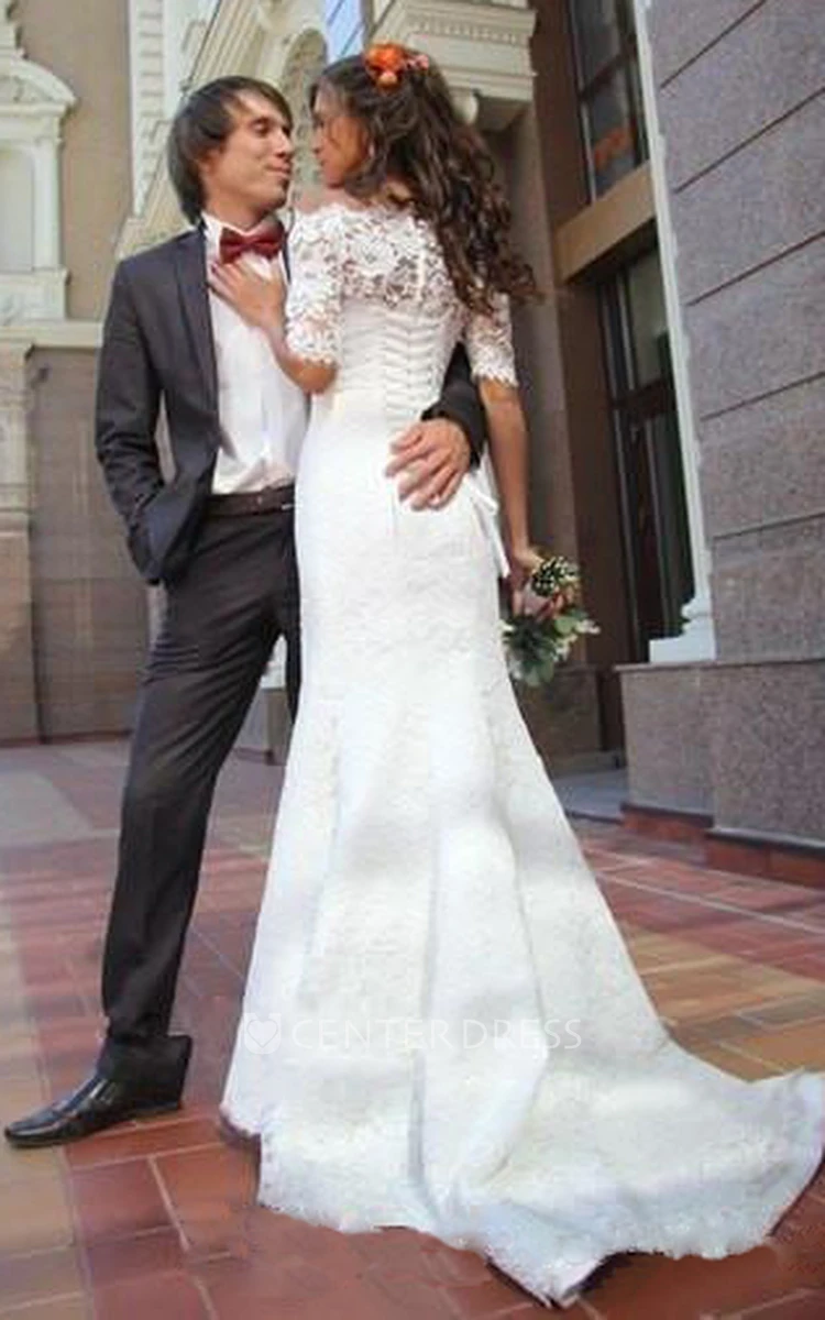 Half Sleeve Off-the-shoulder Sheath Lace Gown With Lace-up