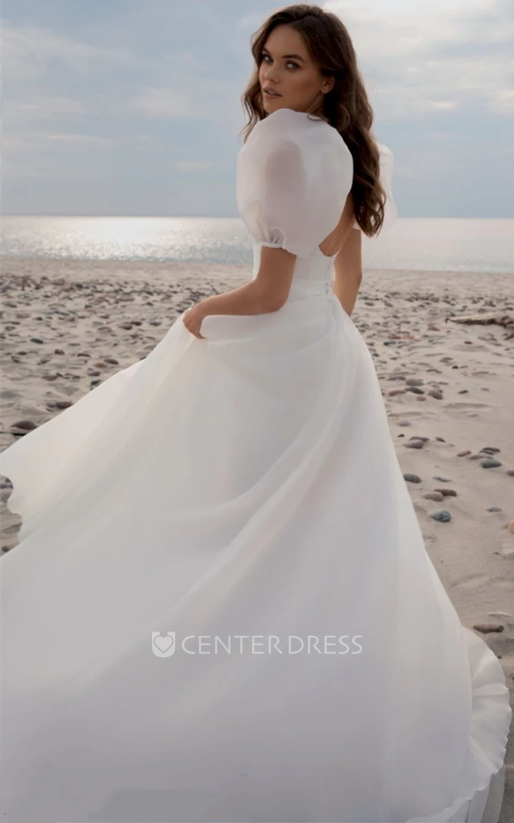 Casual A Line Chiffon Scoop Court Train Wedding Dress with Ruching