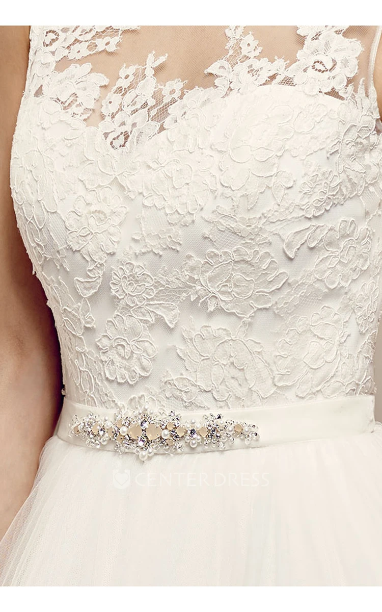 A-Line Bateau Floor-Length Appliqued Sleeveless Tulle Wedding Dress With Pleats And Waist Jewellery
