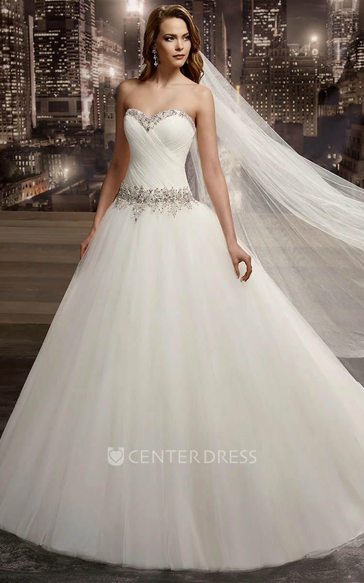 Sweetheart Brush-train A-line Wedding Gown with Beaded Details and Pleated Bodice