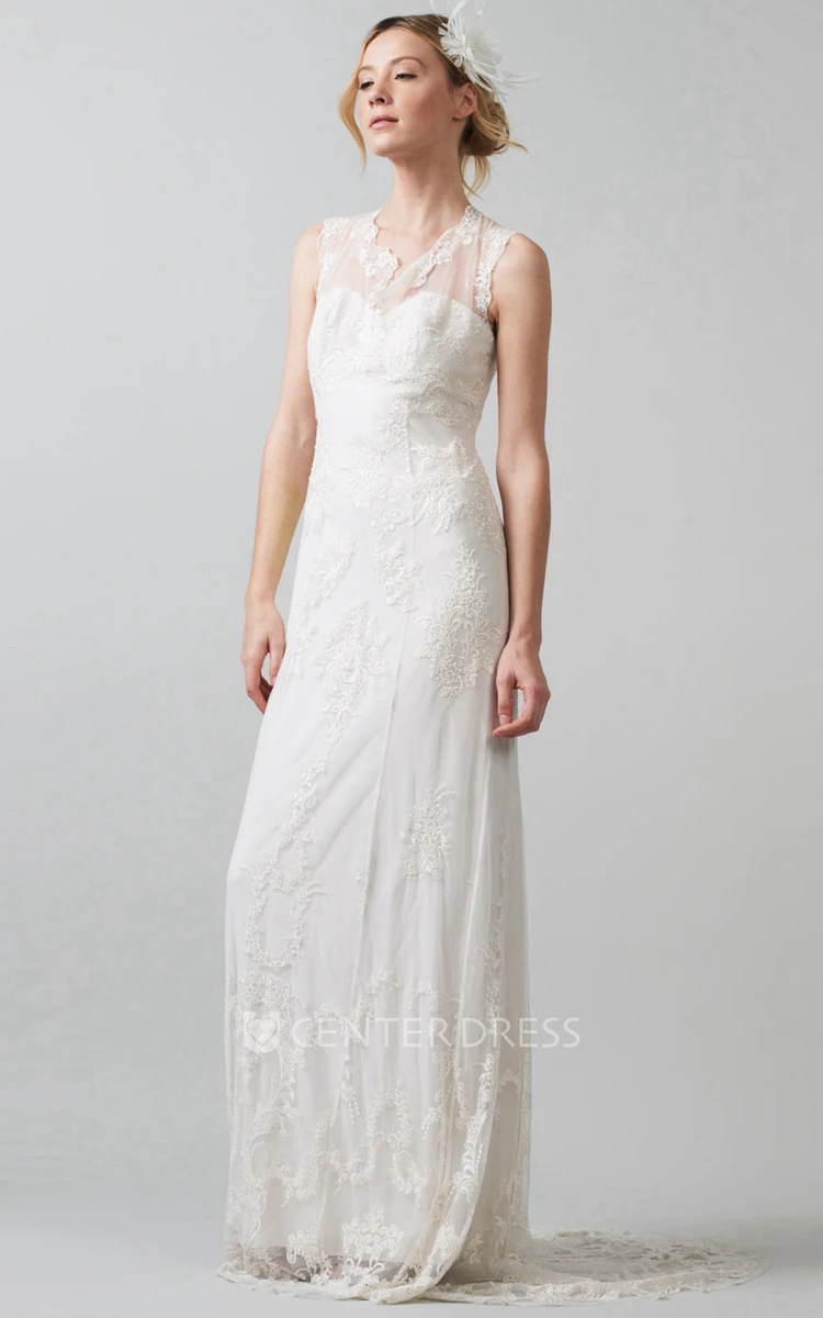 Sheath V-Neck Sleeveless Floor-Length Lace&Tulle Wedding Dress With Appliques And Illusion