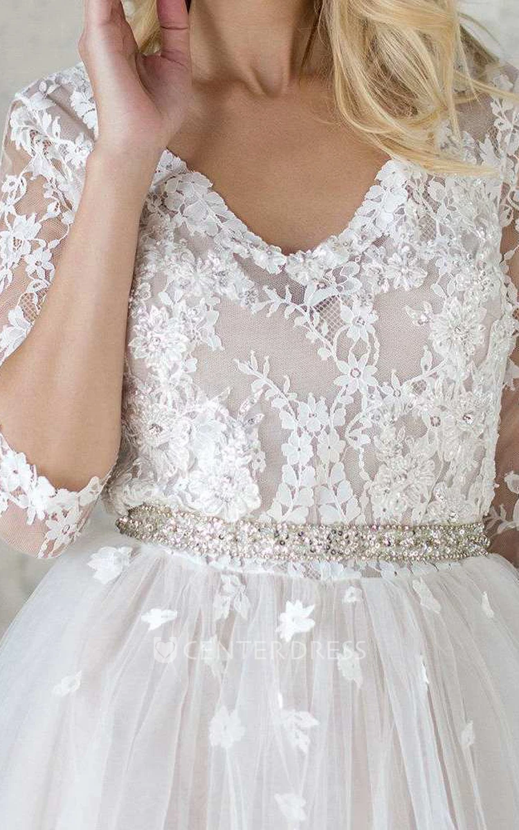 V-Neck 3-4 Length Sleeve Tulle Sequins Satin Beaded Lace Wedding Dress