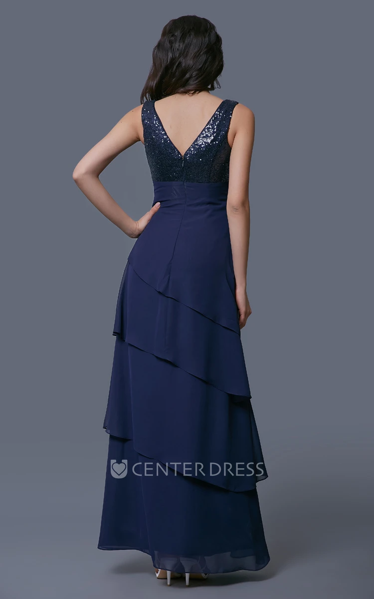 Layered Chiffon V-Neck Mother of the Bride Dress With Sequined Bust and Matching Cowl