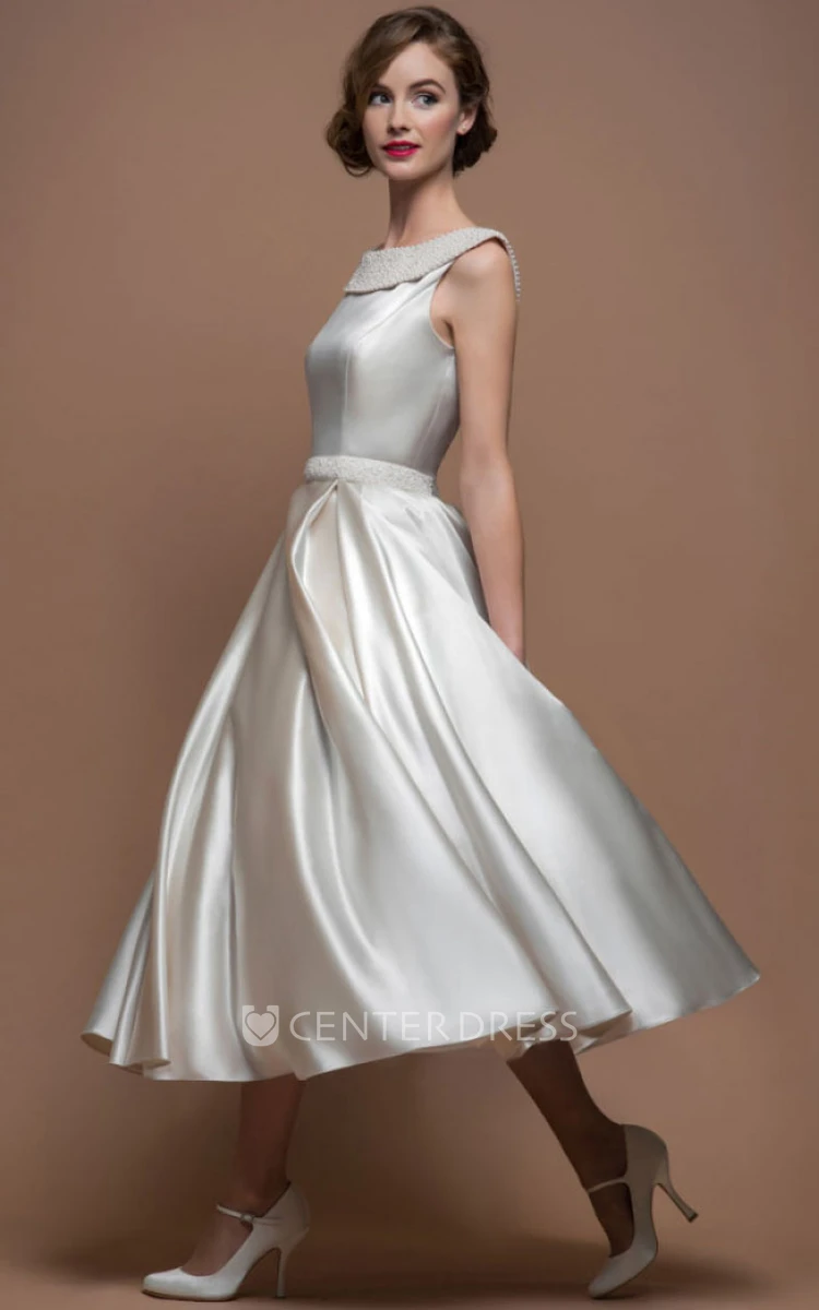 A-Line Scoop-Neck Tea-Length Satin Wedding Dress With Beading And V Back