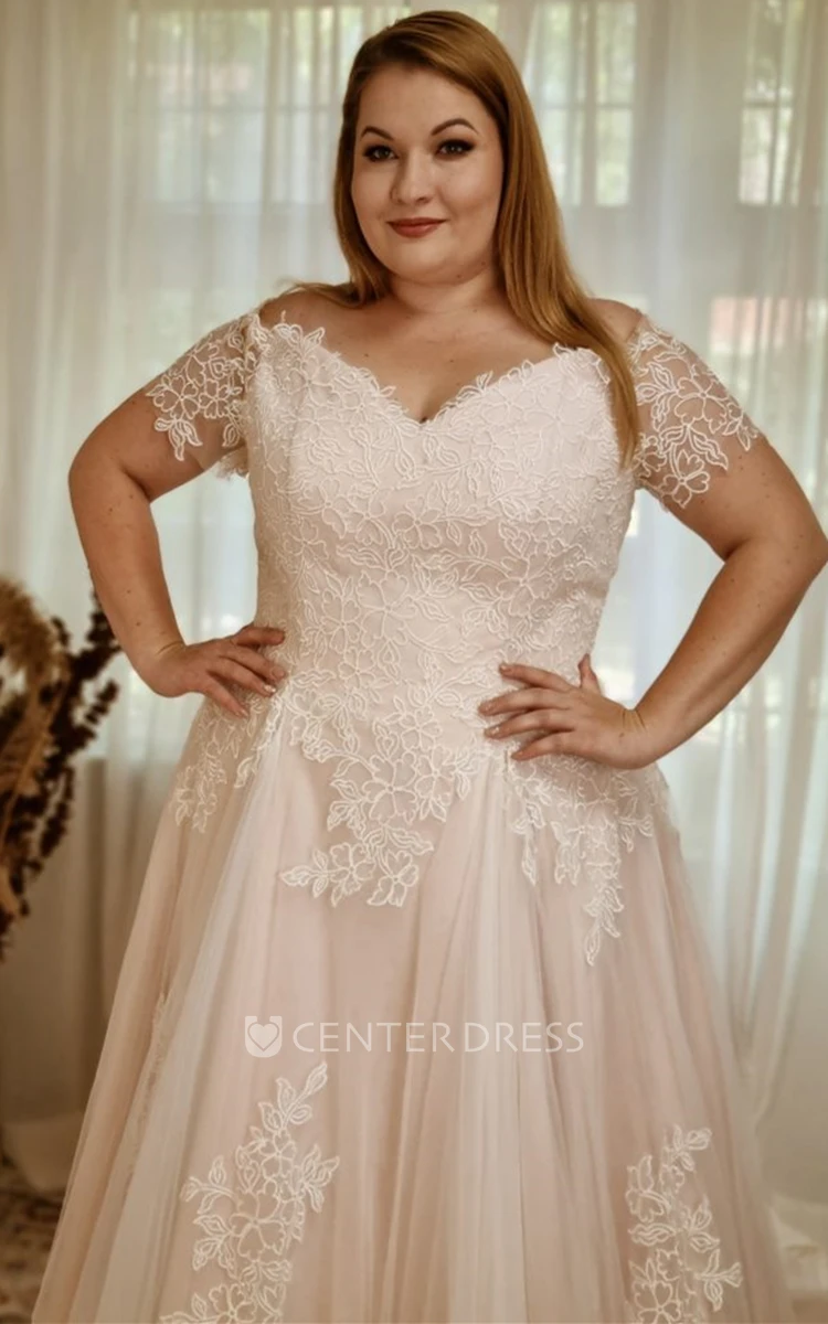 A Line Modest Off-the-shoulder Tulle Sweep Train Wedding Dress with Appliques
