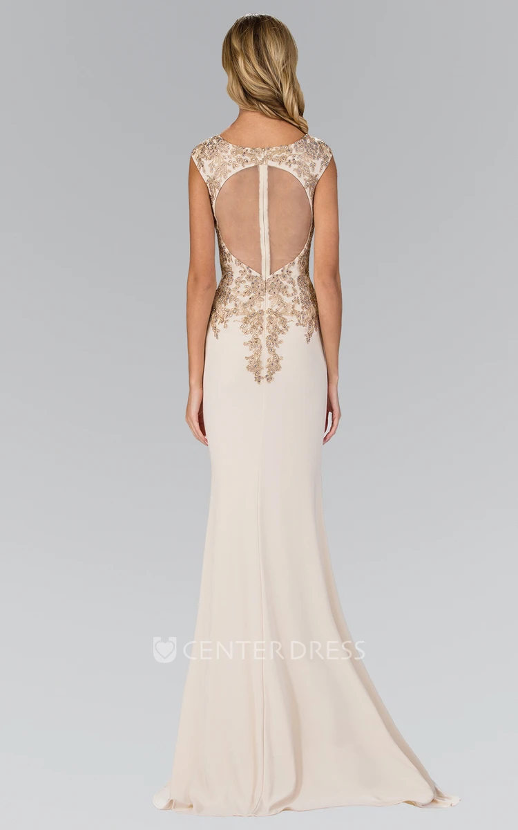 Sheath Long V-Neck Sleeveless Jersey Illusion Dress With Appliques And Beading