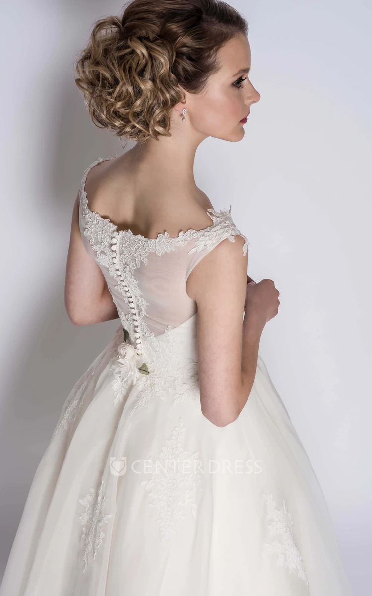 Elegant Organza Ball Gown Ankle Length Bridal Gown with Illusion Back and Flower