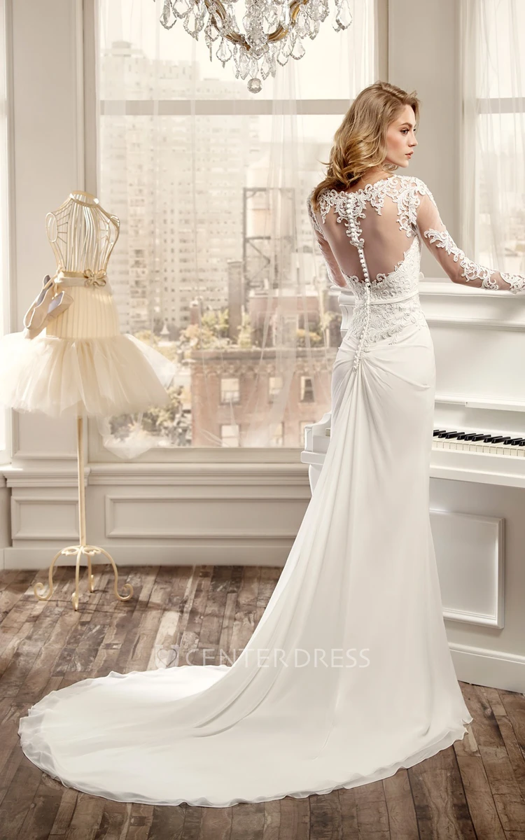 Long-Sleeve Sheath Wedding Dress With Brush Train And Back Draping