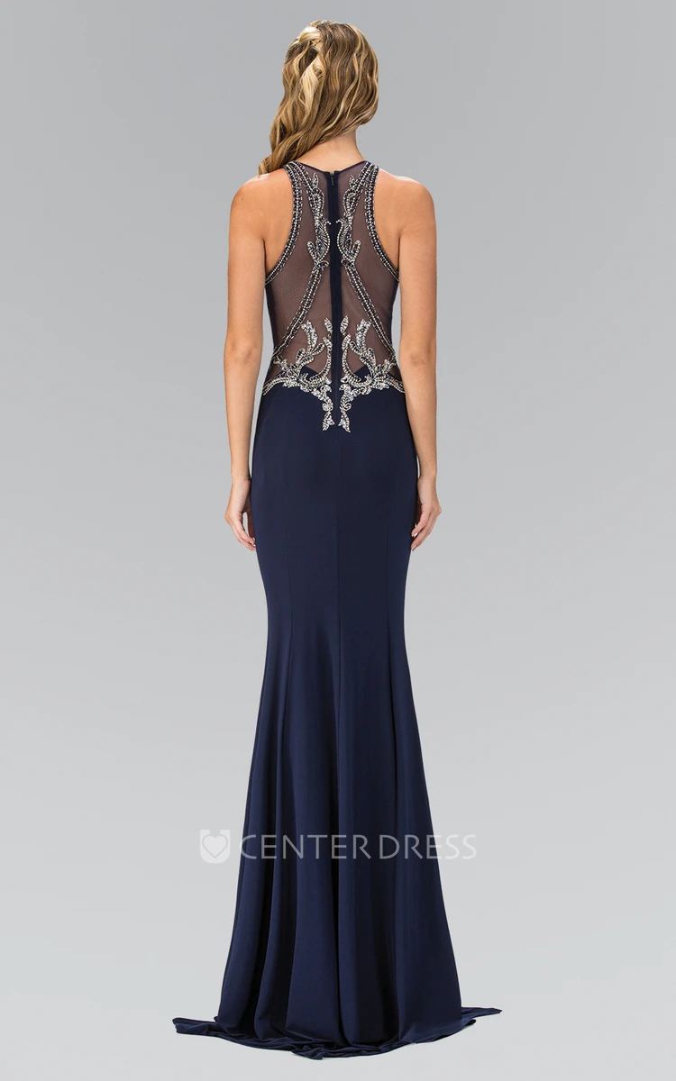 Sheath Jewel-Neck Sleeveless Jersey Illusion Dress With Beading