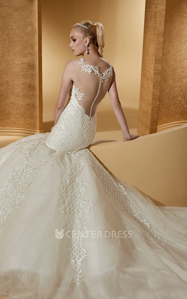 Sassy Cap sleeve Mermaid Wedding Dress with Special Appliques and Illusive Neckline 