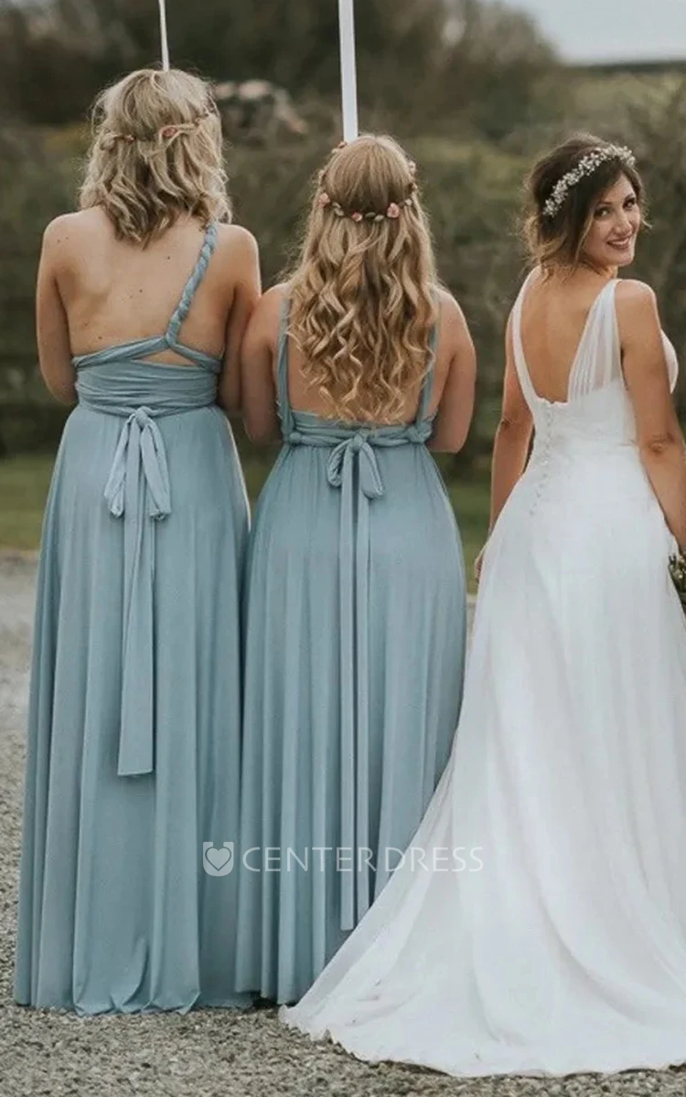 A Line Casual Convertible Jersey Beach Bridesmaid Dress with Open Back and Sash