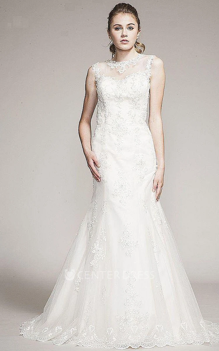 Trumpet Sleeveless Jewel-Neck Long Appliqued Lace Wedding Dress