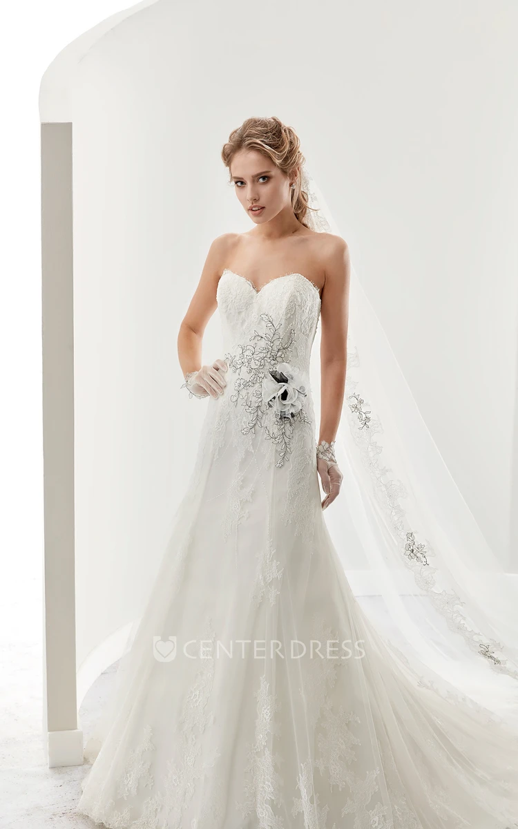 Sweetheart Beaded Flower Lace Bridal Gown with Brush Train and Lace-up back