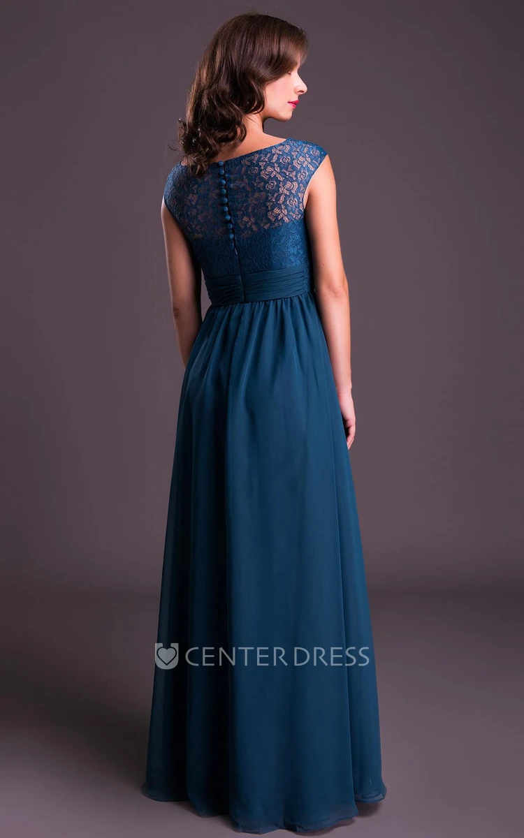 Sheath Scoop-Neck Lace Long Cap-Sleeve Chiffon Prom Dress With Ruching
