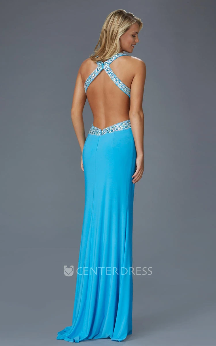 Sheath Long Sleeveless Jersey Straps Dress With Split Front And Beading
