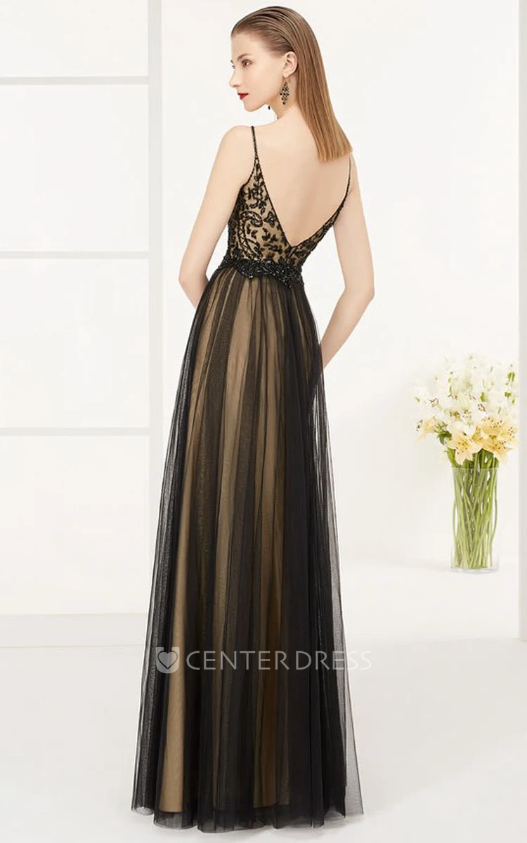 Low V Back A-Line Tulle Long Prom Dress With Lace Top And Spaghetti Straps