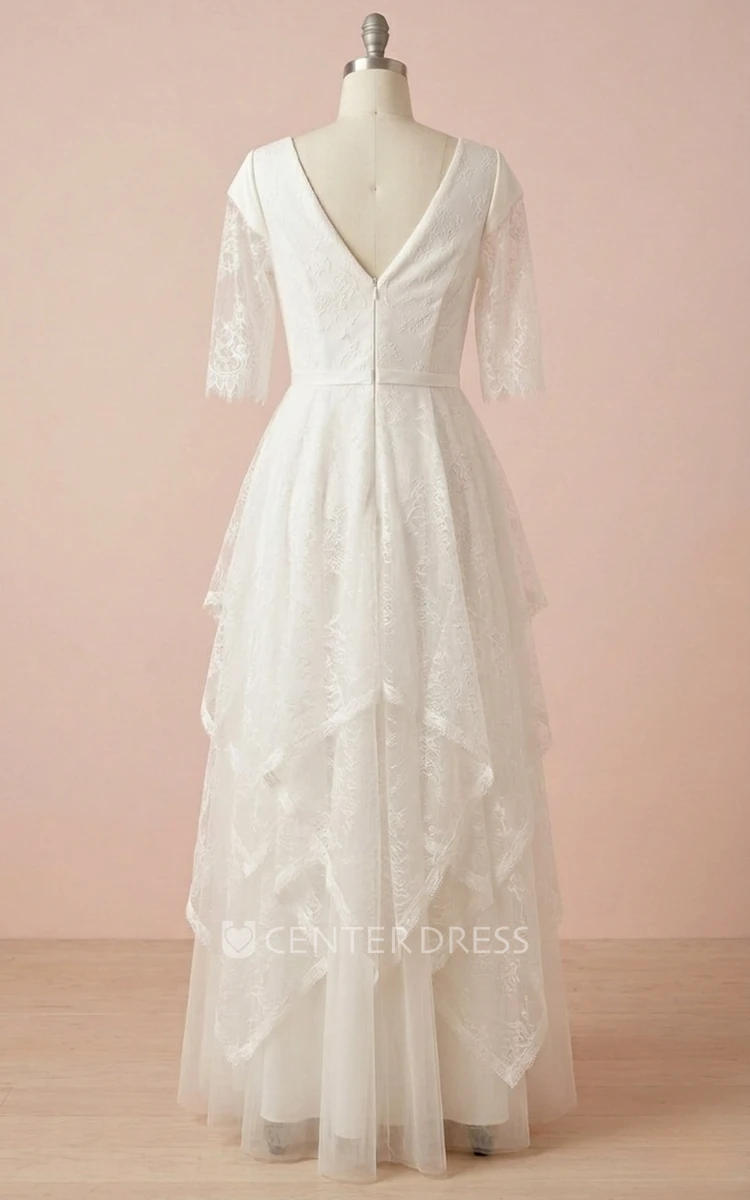 Bohemian A Line Half Sleeve V-neck Lace Country Spring Wedding Dress