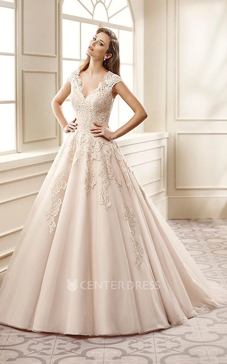 A-Line Appliqued V-Neck Cap-Sleeve Floor-Length Lace Wedding Dress With Pleats