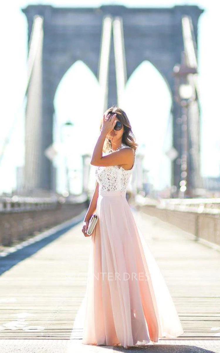Sweeth Lace Long Sleeveless Prom Dresses Chiffon Floor Length