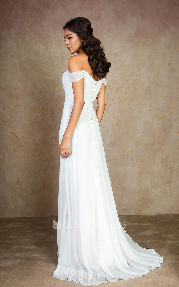 Casual Simple Solid Off-the-shoulder Sleeveless Sheath Chiffon Wedding Dress Beach Plus Size Floor-length Backless Bridal Gown with Button Back Brush Train