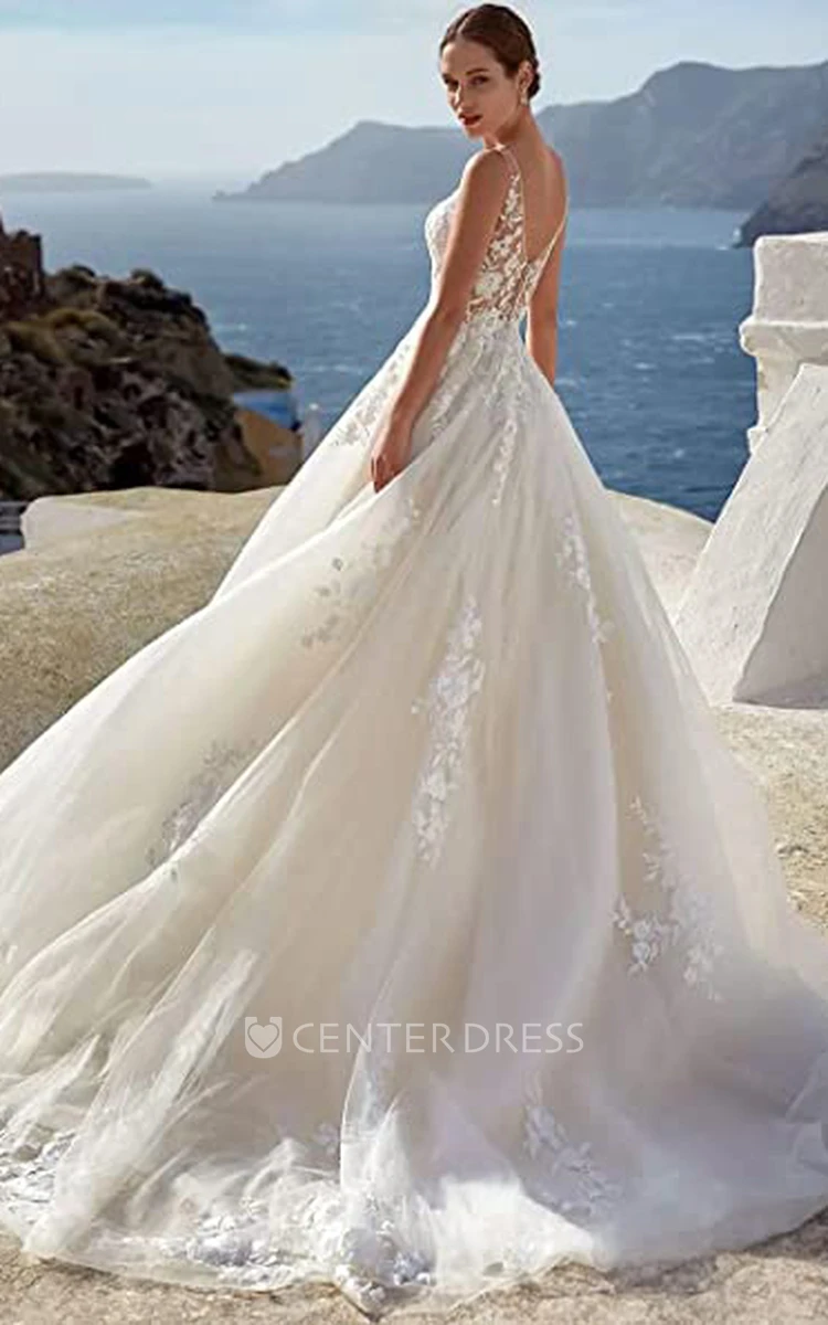 Sexy Spaghetti Tulle Wedding Dress with Deep-V Back Elegant Beach Style