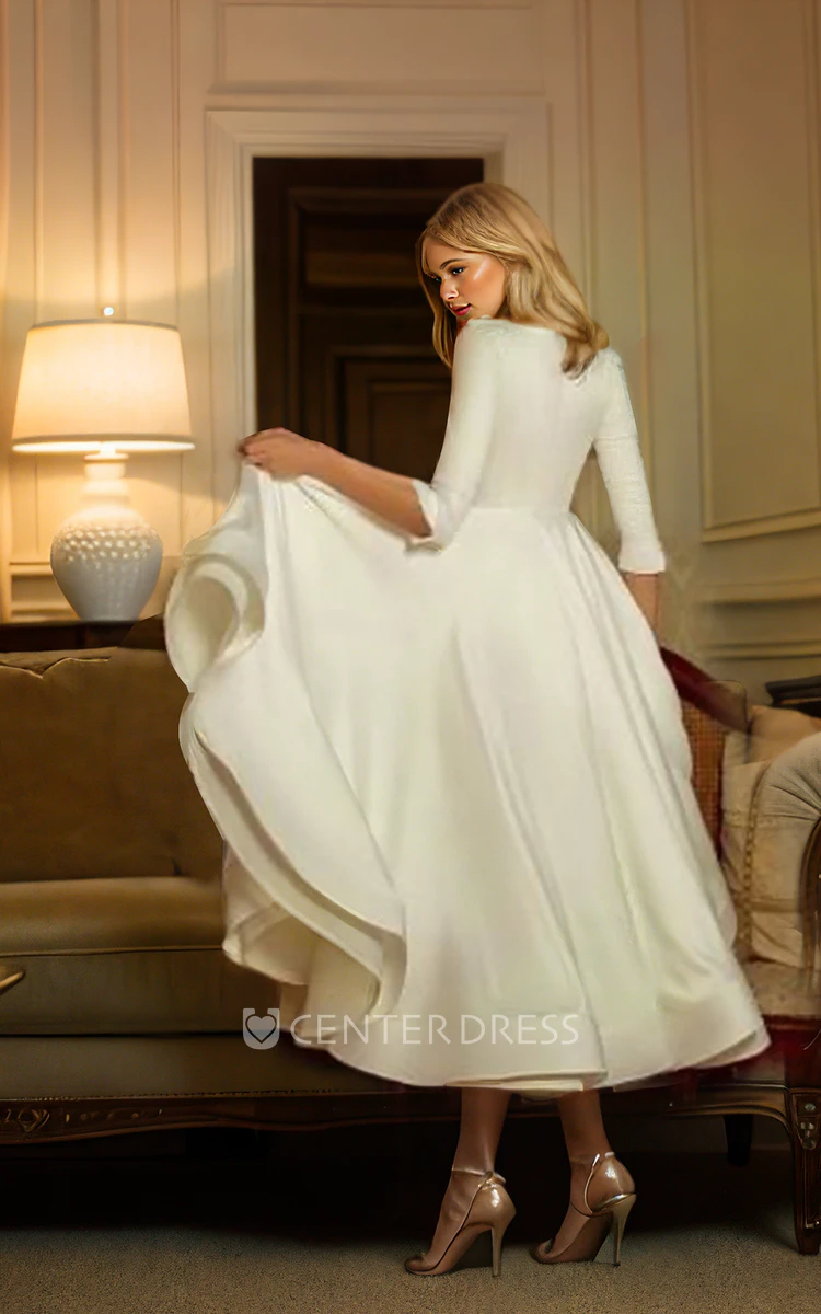 Long Sleeve A-Line V-neck Simple Casual Modest Tea-length Wedding Dress Gowns