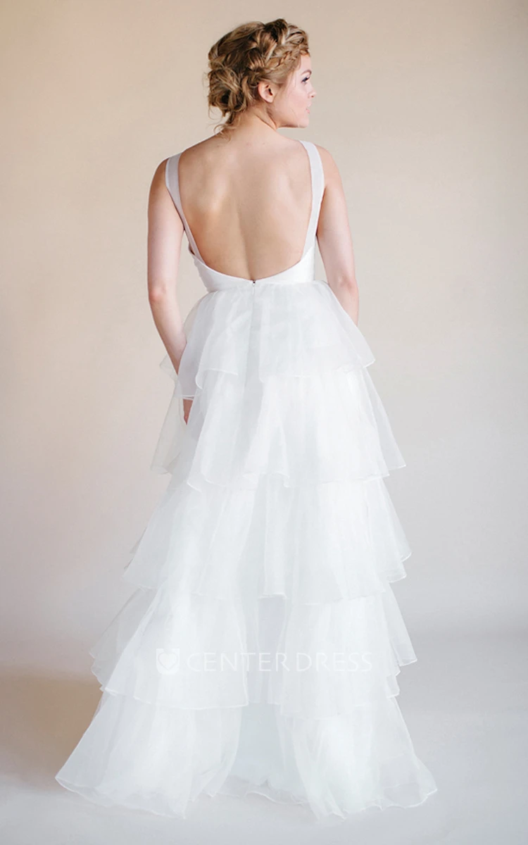 Sleeveless Criss-Cross V-Neck Organza Wedding Dress With Tiers And Backless Design