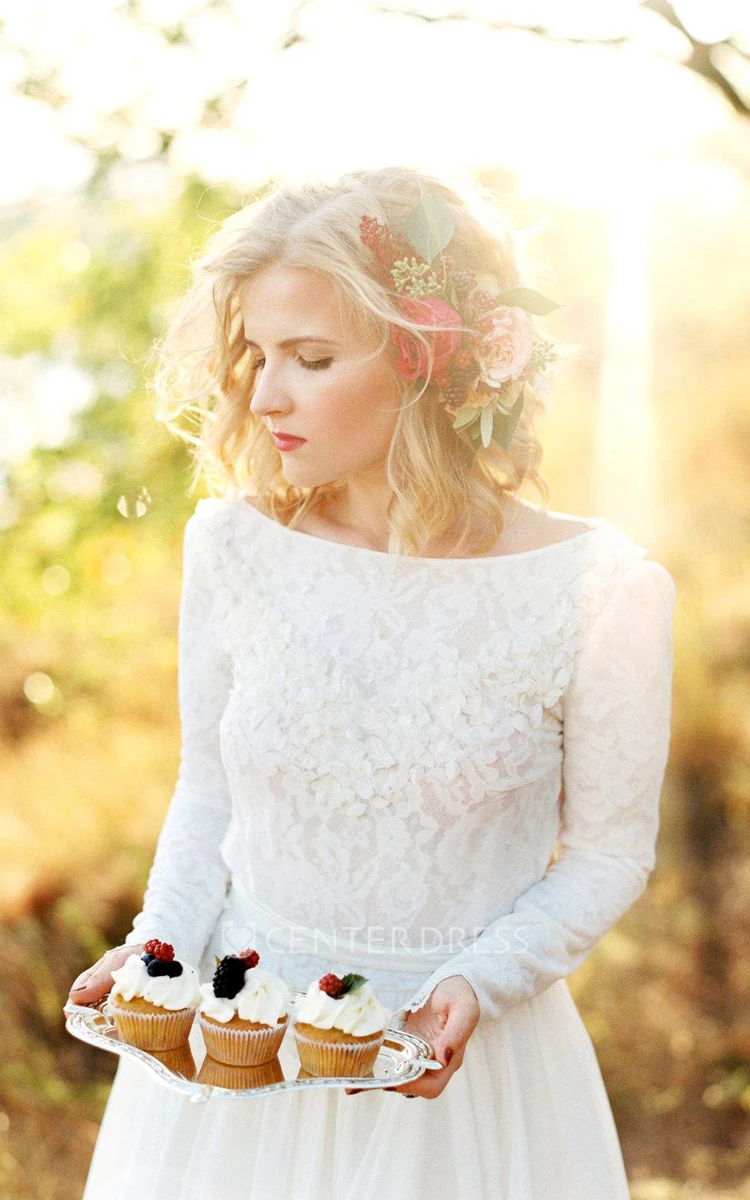 Romantic Chiffon Long A-Line Wedding Dress With Lace Bodice