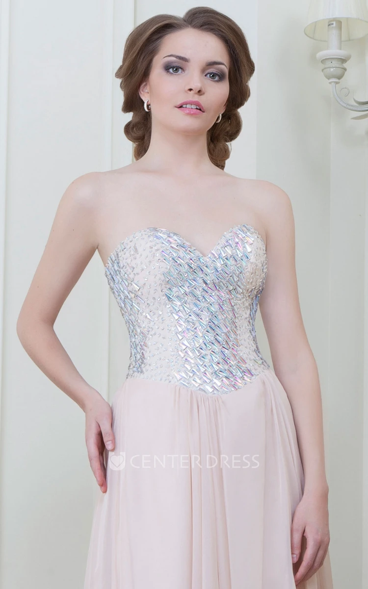 A-Line Beaded Sleeveless Sweetheart Floor-Length Chiffon Evening Dress With Pleats
