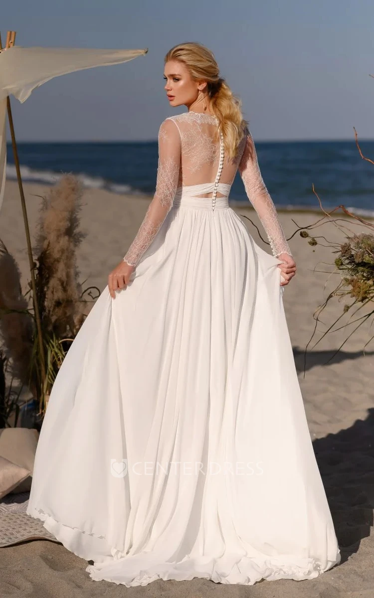 Elegant Bateau A Line Lace Floor-length Wedding Dress with Ruching