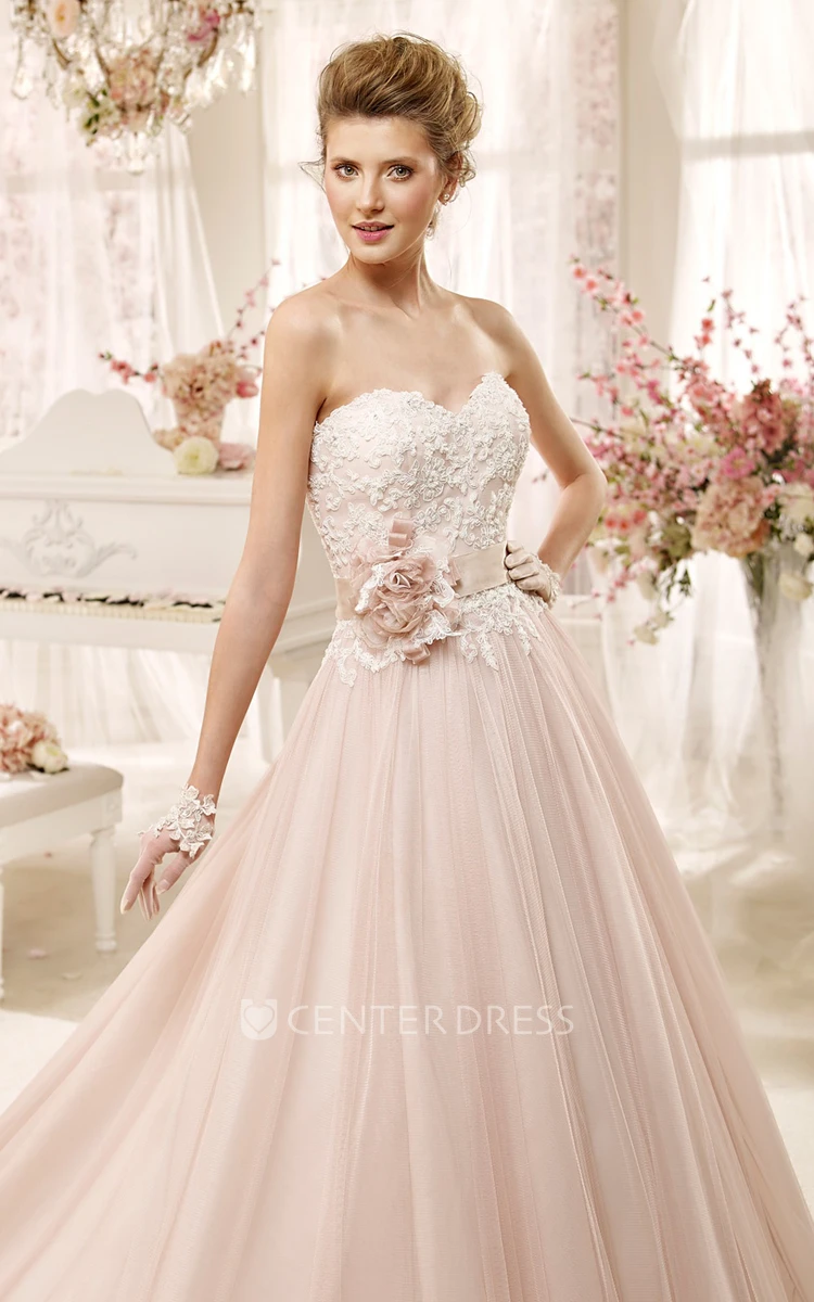 Lovely Strapless A-line Wedding Dress with Flower Sash and Pleated Skirt