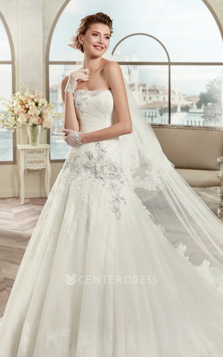 Strapless A-Line Pleated Bridal Gown With Fine Appliques And Court Train