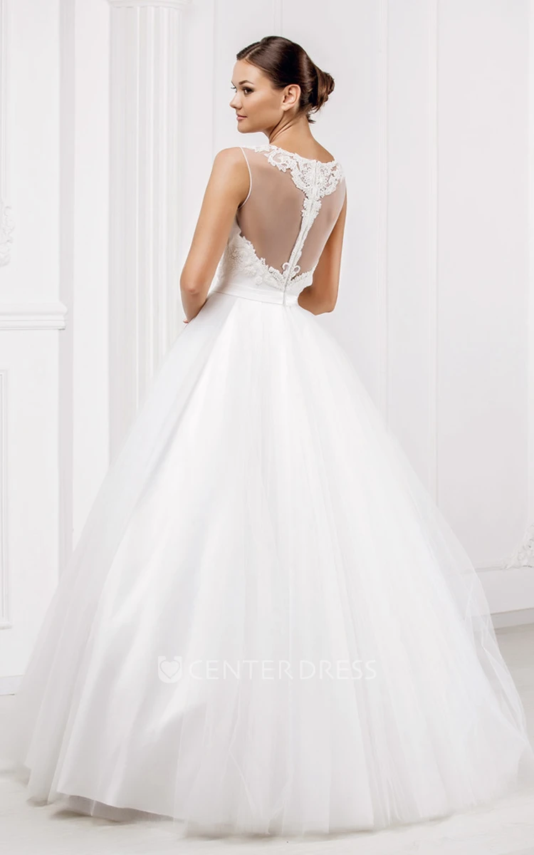 A-Line Scoop Sleeveless Appliqued Maxi Tulle Wedding Dress With Illusion Back