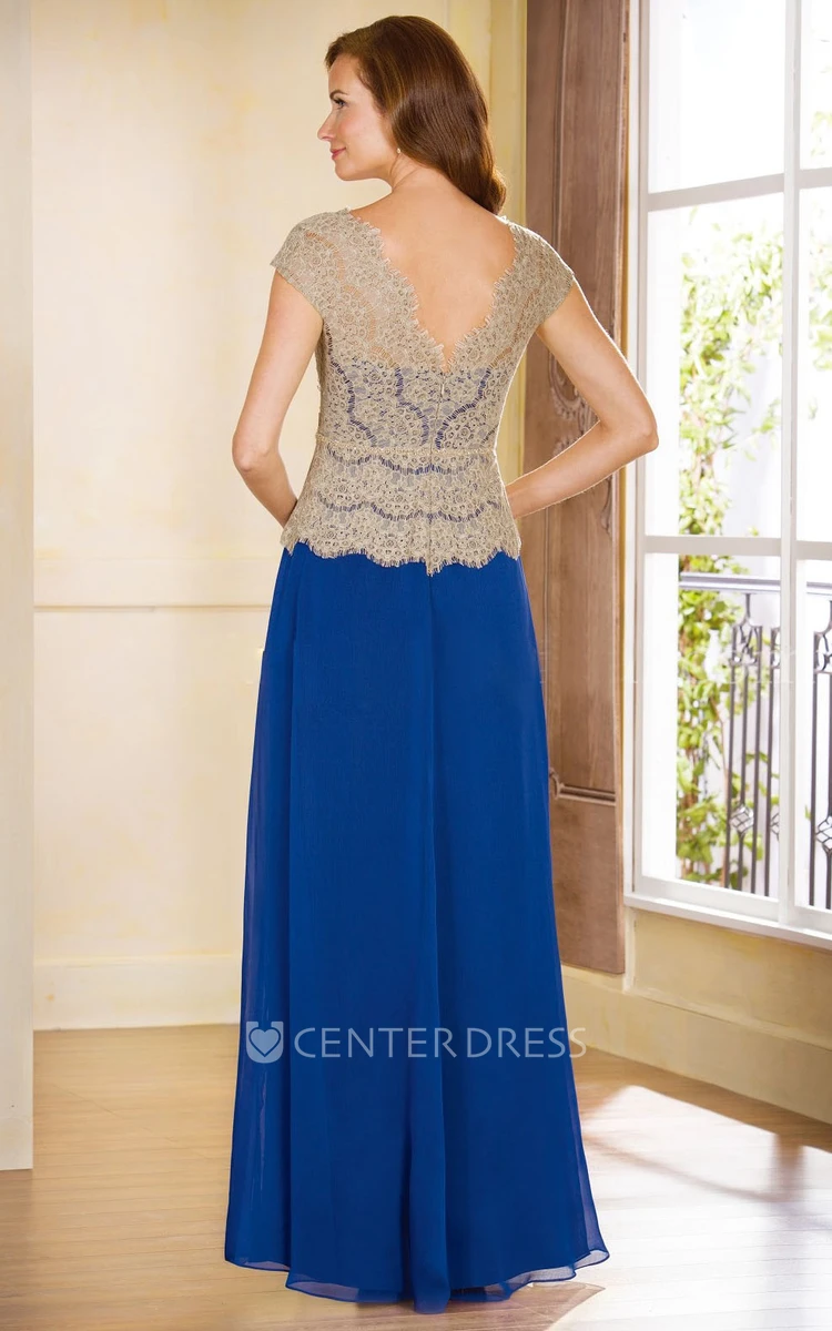 Cap-Sleeved V-Neck Long Chiffon Mother Of The Bride Dress With Lace Bodice