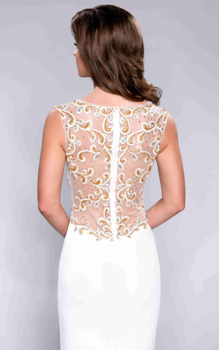 Bateau Neck Jersey Sheath Sleeveless Prom Dress With Jeweled Illusion Design