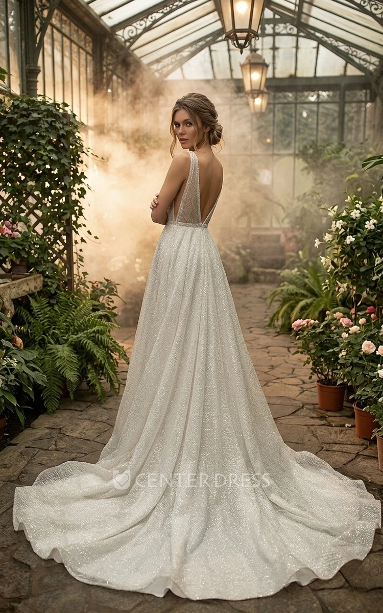 Sparkly Beach A-Line Wedding Dress Sleeveless Deep-V Neckline Informal Gown