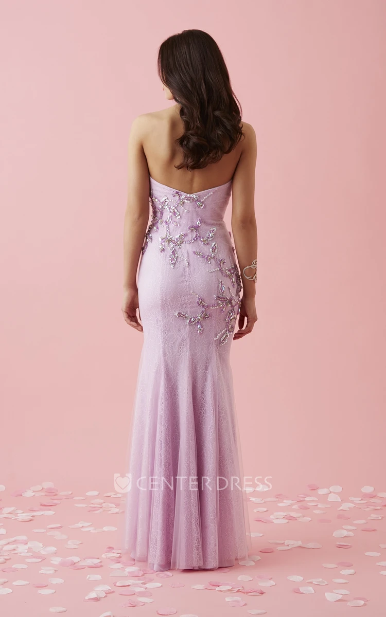 Sheath Maxi Sweetheart Tulle Lace Backless Dress With Beading And Pleats