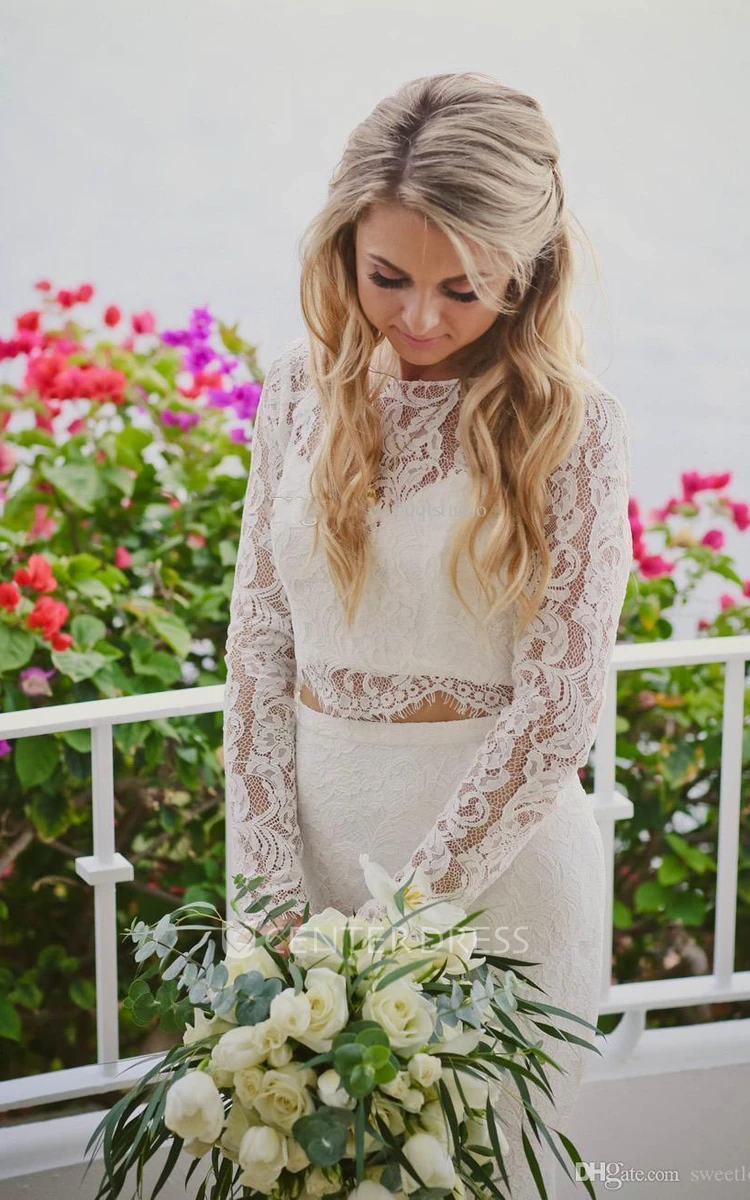 Bohemian Beautiful Bateau Lace Floor-length Long Sleeve Two Piece Wedding Dress