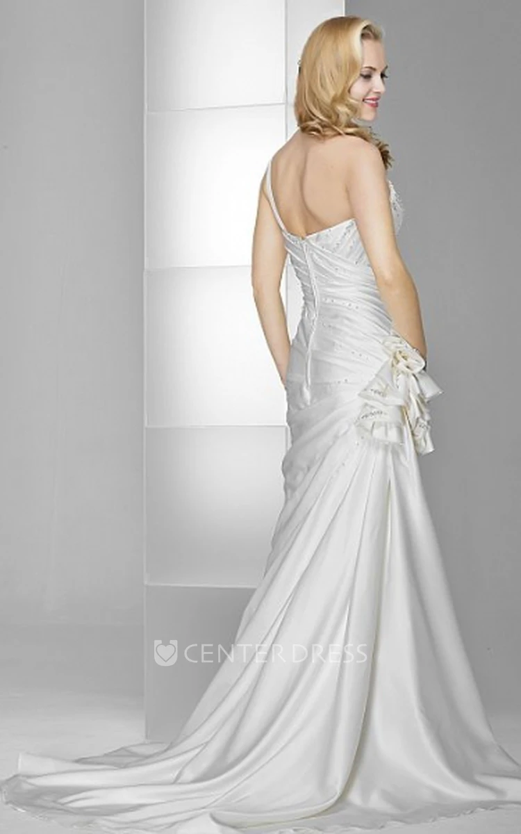 Sheath Floor-Length One-Shoulder Sleeveless Side-Draped Stretched Satin Wedding Dress With Beading And Flower