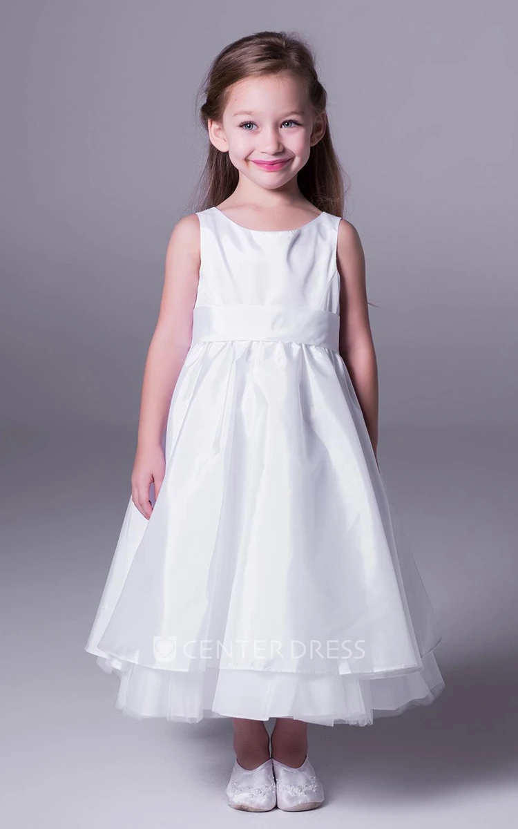 A-Line Sleeveless Scoop-Neck Ankle-Length Satin&Tulle Flower Girl Dress