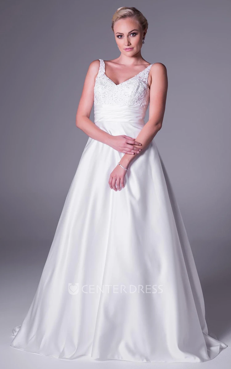 A-Line V-Neck Floor-Length Appliqued Sleeveless Satin Wedding Dress