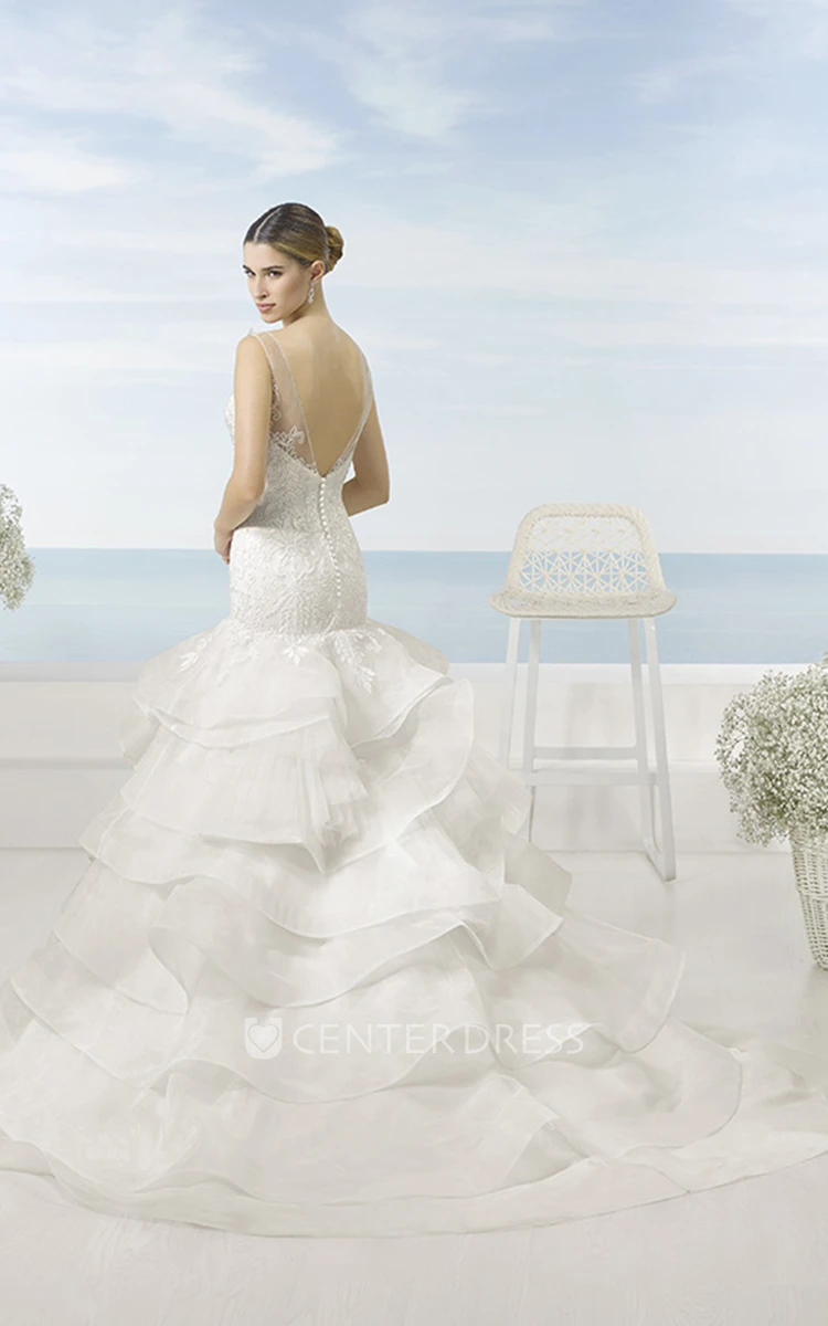 A-Line Tiered V-Neck Long Sleeveless Lace&Organza Wedding Dress With Appliques And Low-V Back