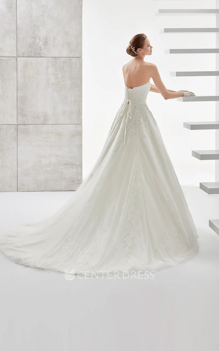 Strapless A-line Wedding Dress With Beaded Belt and Lace-up Back