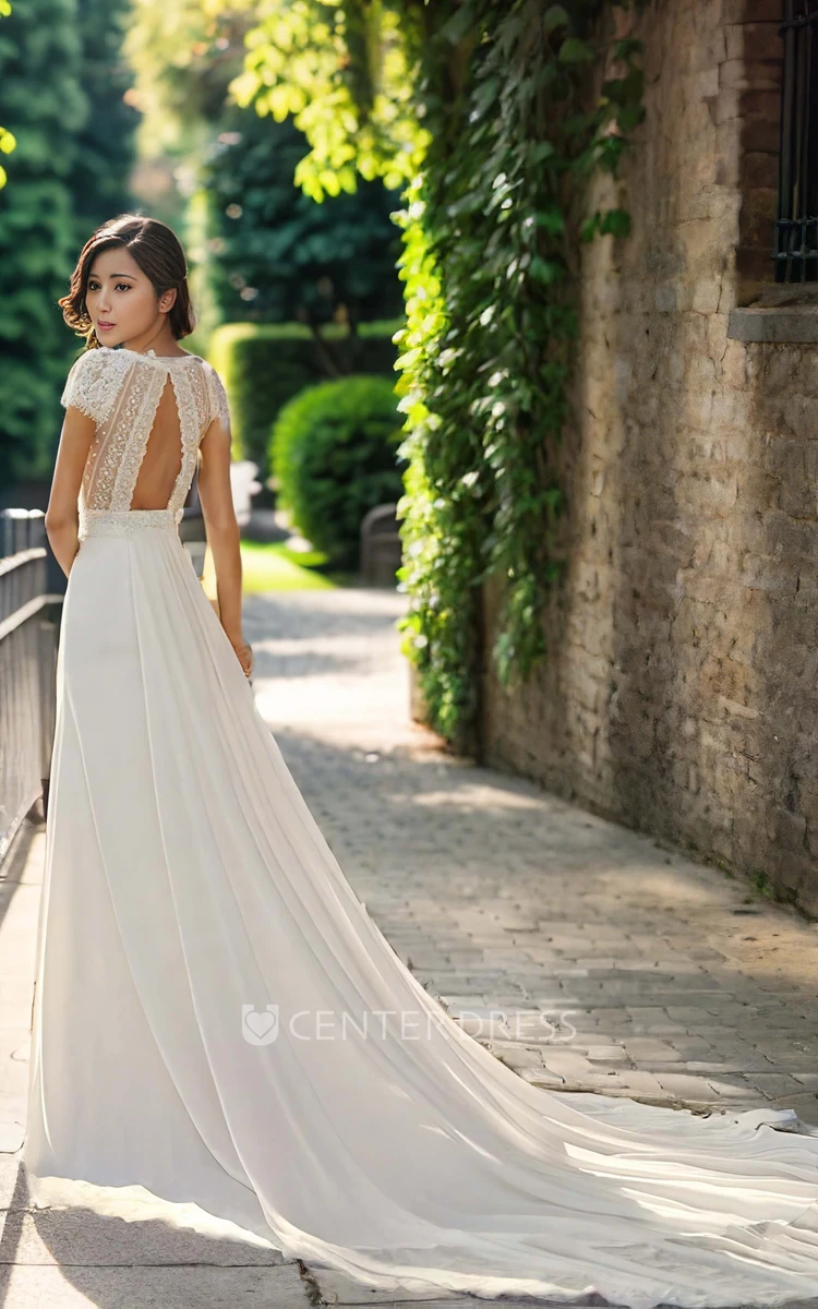 Illusion Lace Cap Open Back A-Line Boho Chiffon Trailing Wedding Dress