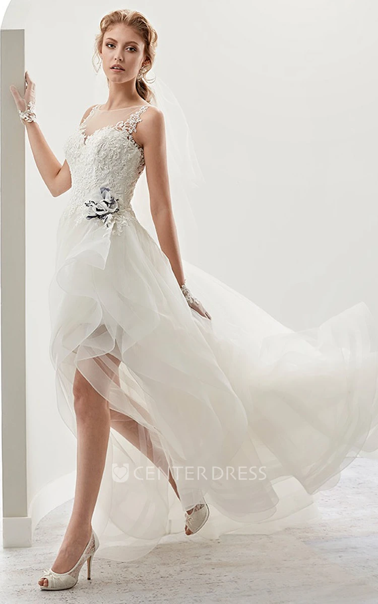 Cap sleeve High-low Bridal Gown with flower Embellishment and Ruffles