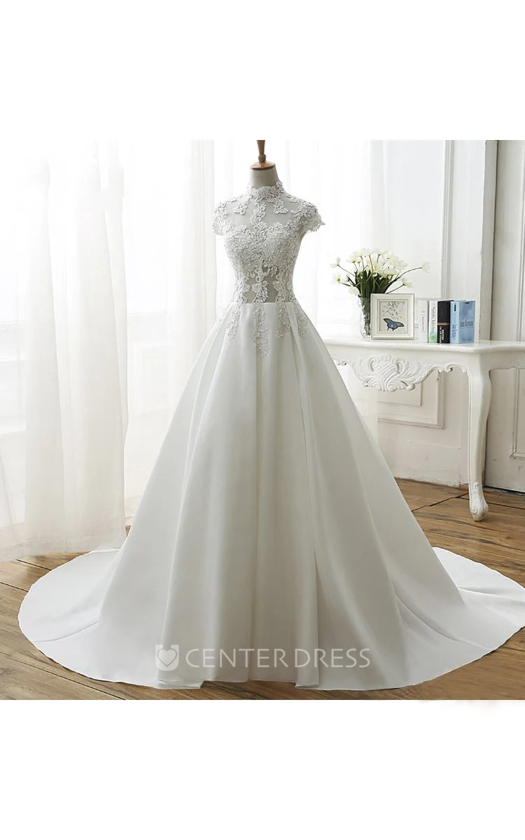 High Neck Illusion Ball Gown Wedding Dress With Beadings And Appliques