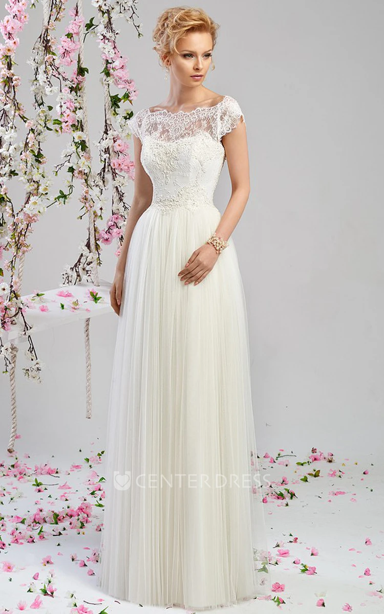 Bateau-Neck Short-Sleeve Floor-Length Tulle&Lace Wedding Dress