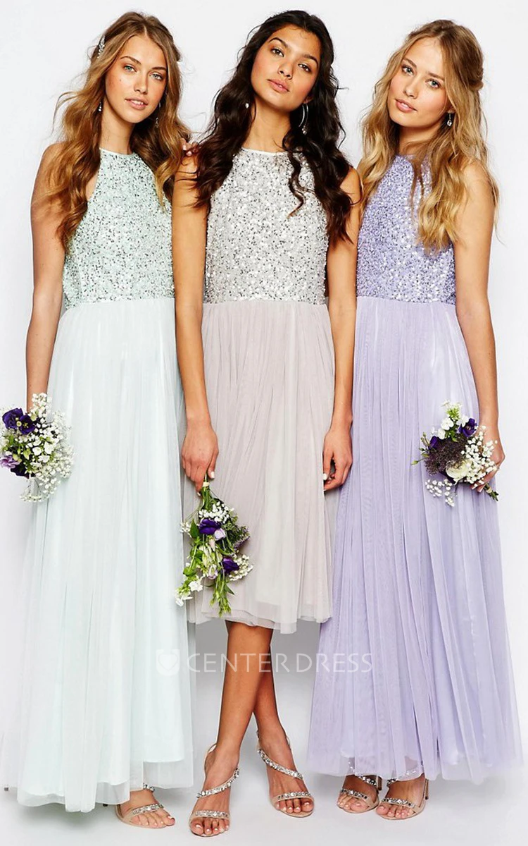 A-Line Tea-Length Scoop-Neck Sleeveless Sequined Tulle Bridesmaid Dress With Pleats