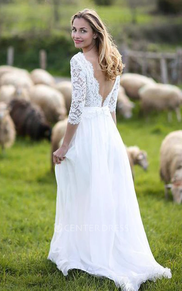 Bohemian V-neck Chiffon Lace Floor-length 3/4 Length Sleeve A Line Wedding Dress