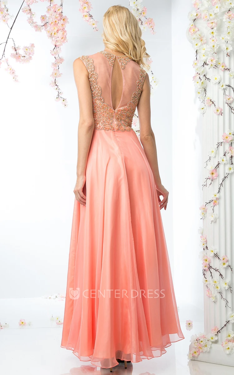 A-Line Ankle-Length Jewel-Neck Satin Illusion Dress With Beading And Pleats